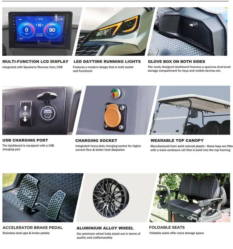 Voiturette de golf 8 places homologuée pour la route, autonomie étendue, batterie lithium-ion 206 AH, LSV électrique avec feux LED